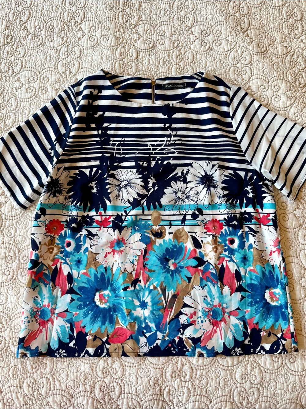 Vintage Navy & White floral stripe blouse